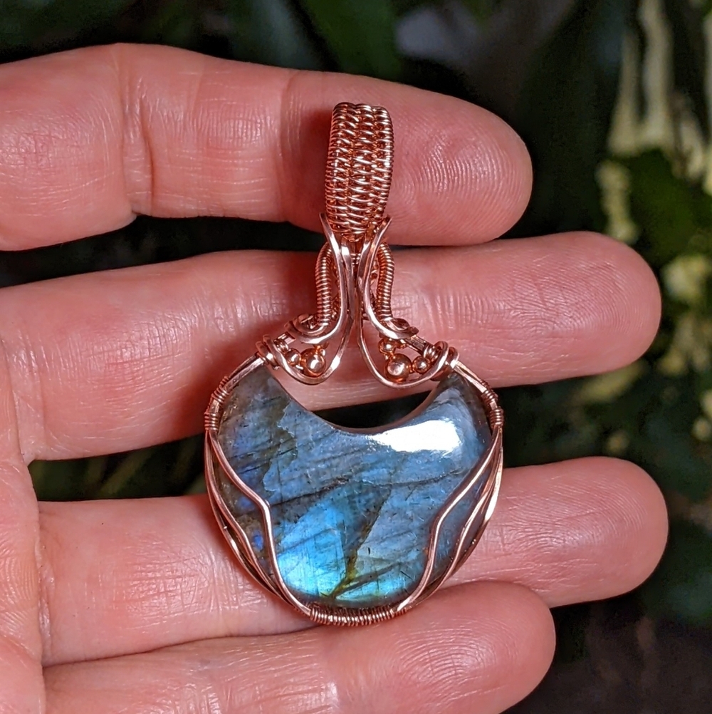 Ethereal Moon Pendant-Artisan-Blue Labradorite Gemstone-Copper Wire Wrap - Picture 3 of 17